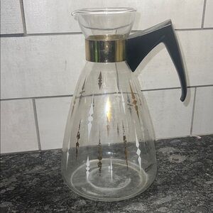 Vintage Pyrex Glass Coffee Carafe with Black Handle and Gold Accents